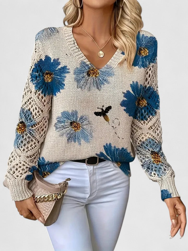 Cordwella | Women's V Neck Floral Long Sleeve Sweater - Image 1