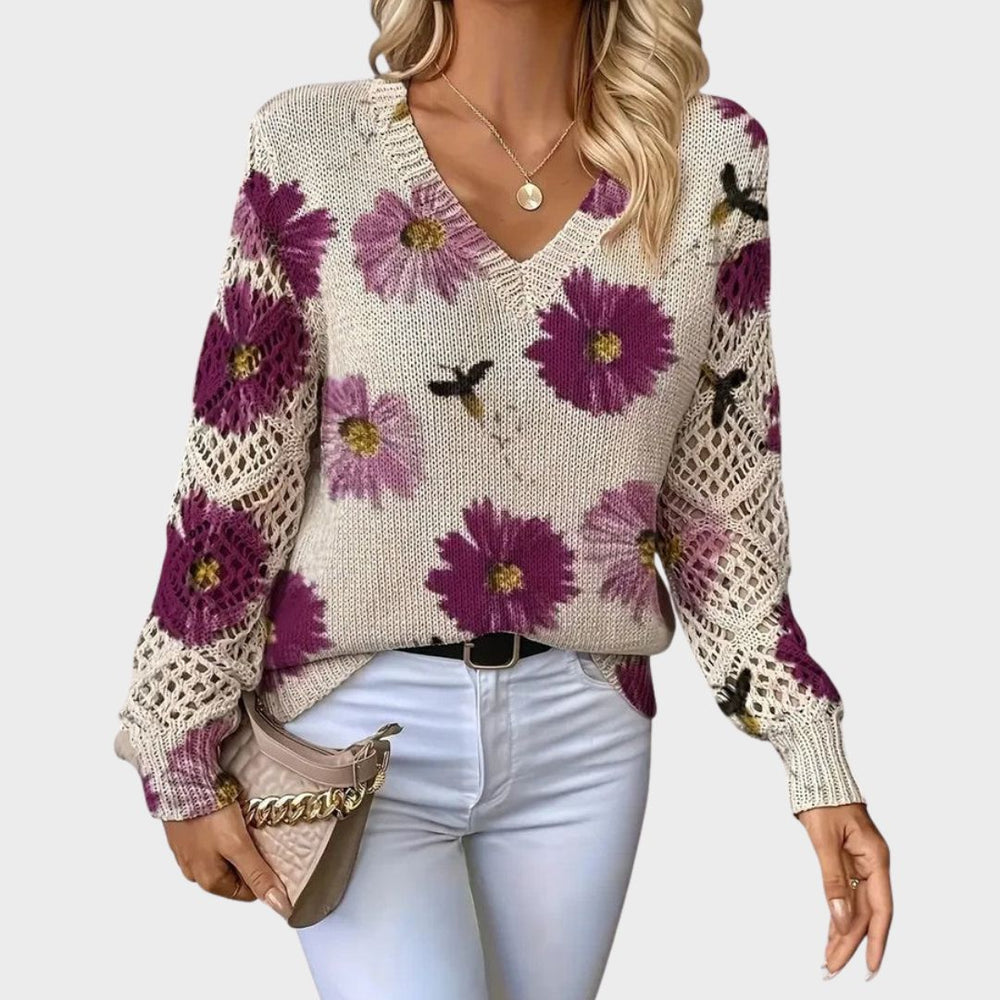 Cordwella | Women's V Neck Floral Long Sleeve Sweater - Image 2