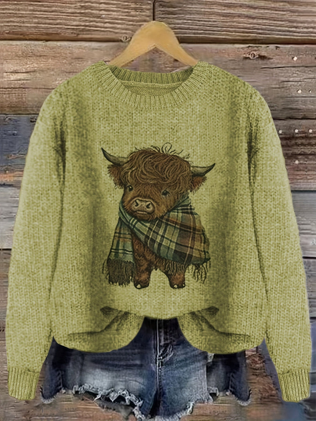 Cordwenna | Women's Highland Cow Graphic Knit Jumper - Sage - Image 1