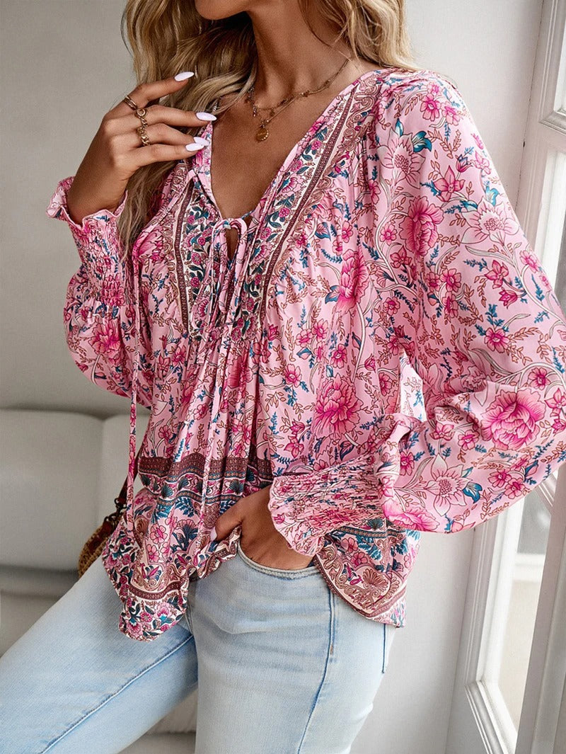 Cordwyn | Women's Floral V Neck Long Sleeve Blouse - Image 2