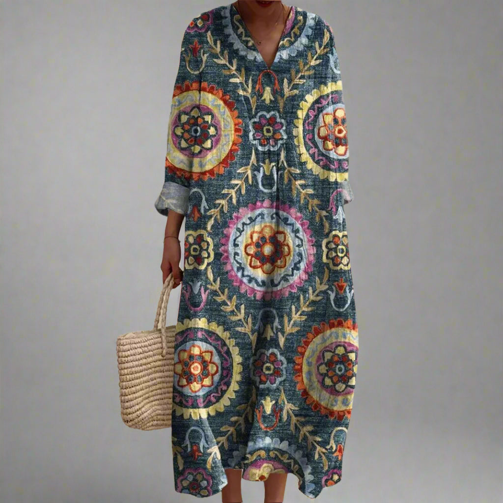 Cordylinda | Women's Geometric Print 3/4 Sleeve Maxi Dress - Image 1