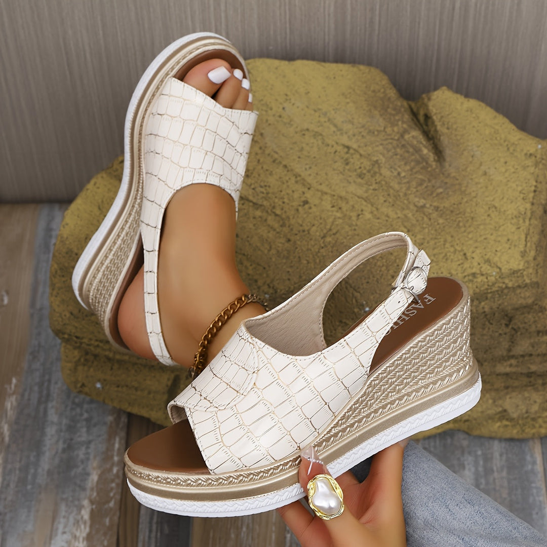 Corinthe | Women's Embossed Platform Wedge Sandals - White - Image 1