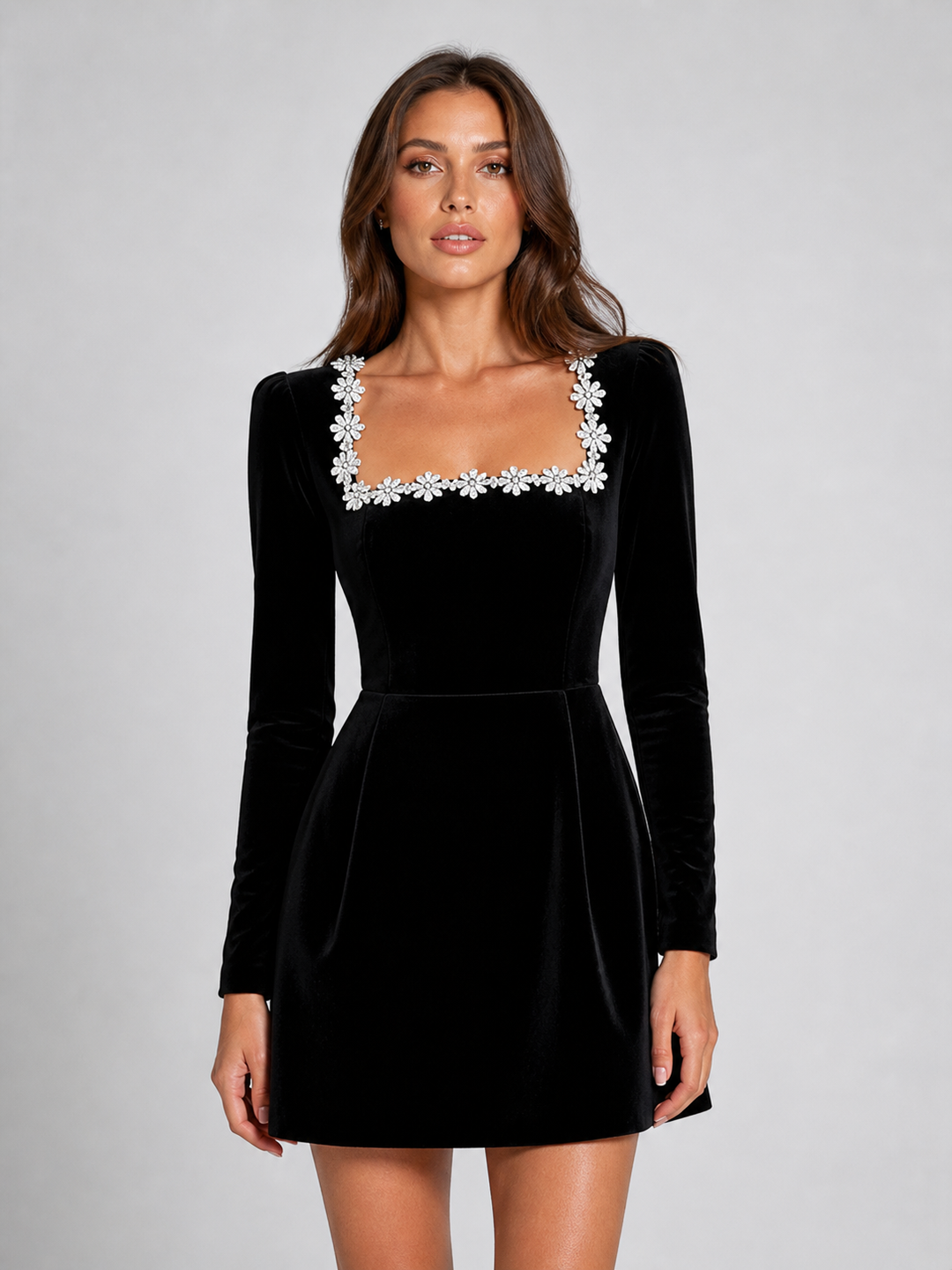 Corinthia | Women's Velvet Mini Dress Crystal Neckline - Black - Image 1