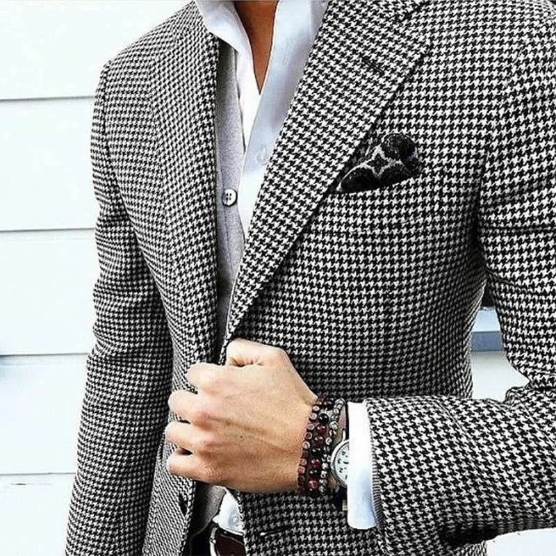 Cormac | Men's Houndstooth Notch Lapel Slim Fit Blazer - Grey - Image 1
