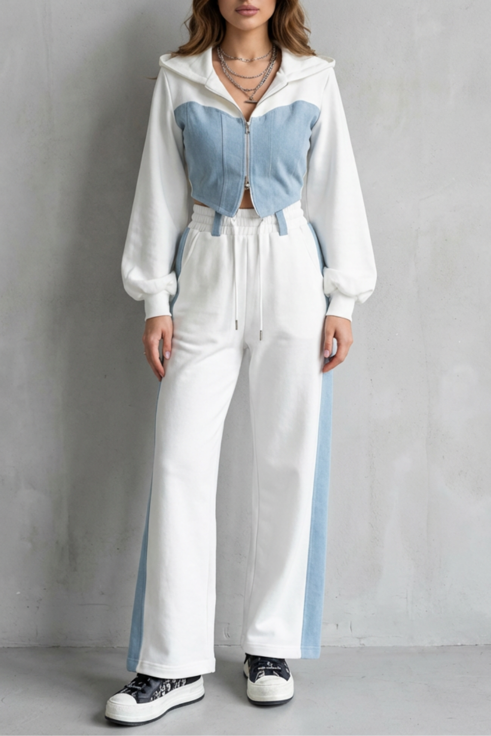Corvaine | Women's Winter Weight Jeans Wide Leg Co-ord Set - White - Image 1