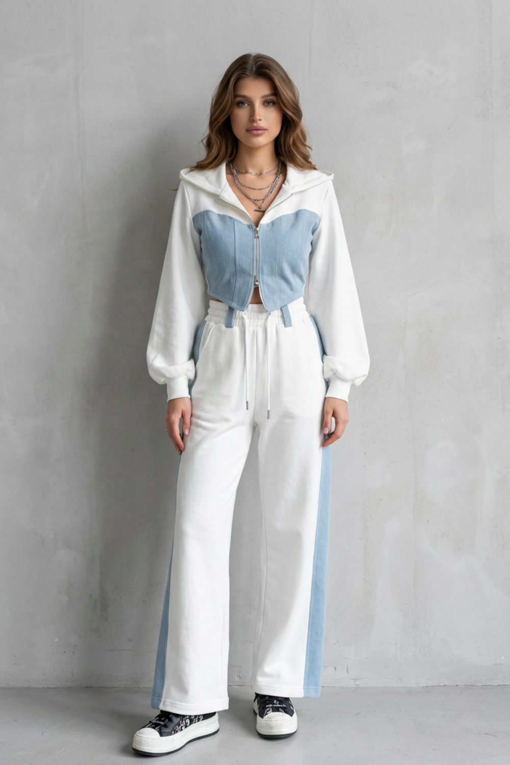 Corvaine | Women's Winter Weight Jeans Wide Leg Co-ord Set - White - Image 2