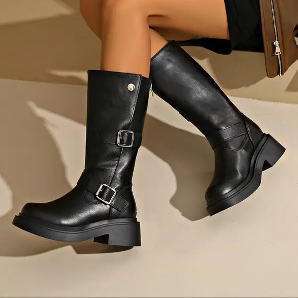 Corvara | Women's Knee High Biker Boots - Black - Image 1