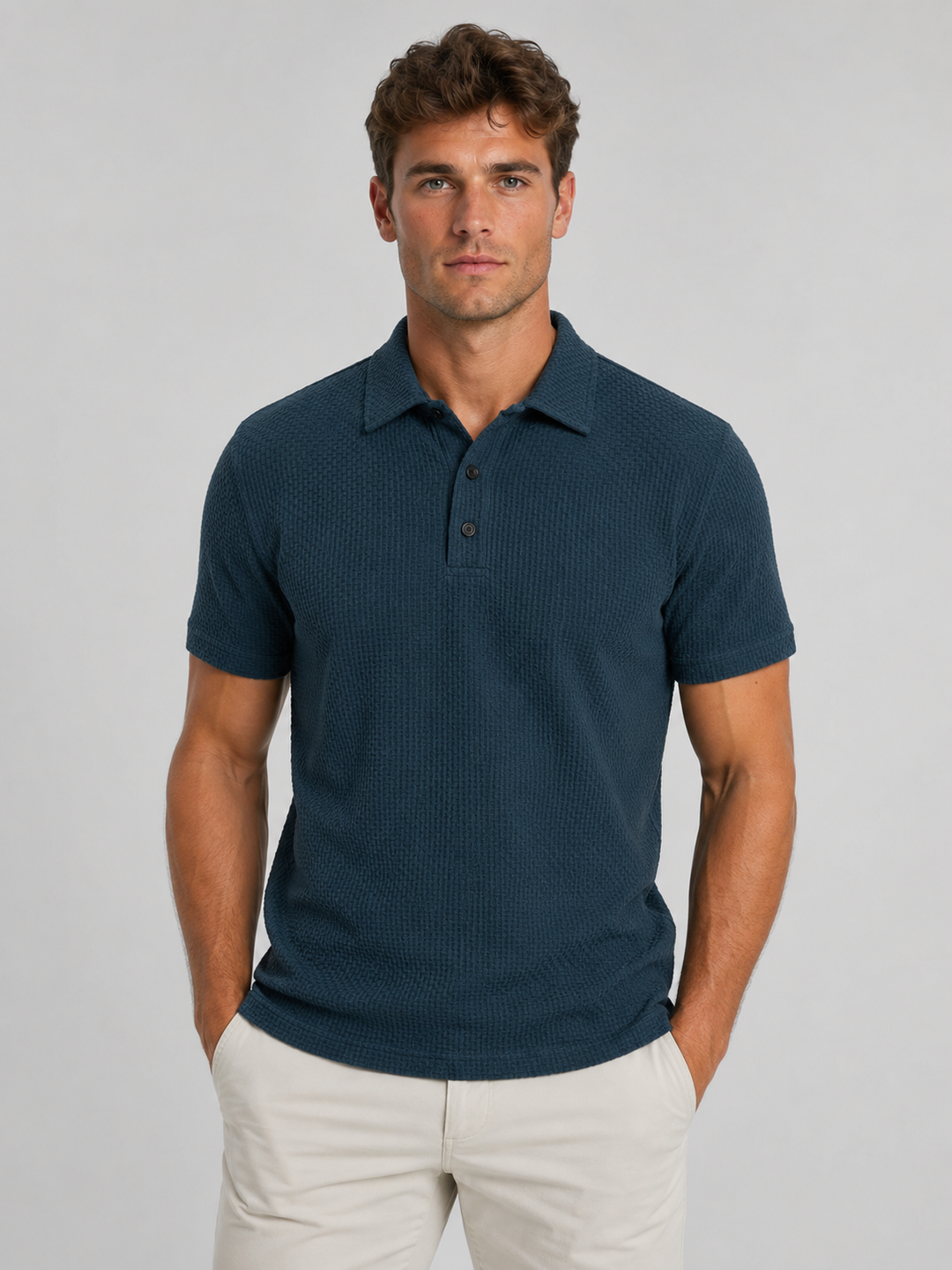 Corveth | Men's Textured Knit Polo Shirt - Teal - Image 1