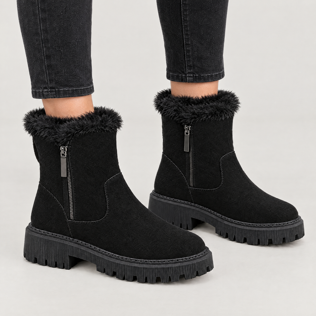 Corveth | Women's Faux Fur Ankle Boots Chunky Platform - Black - Image 1