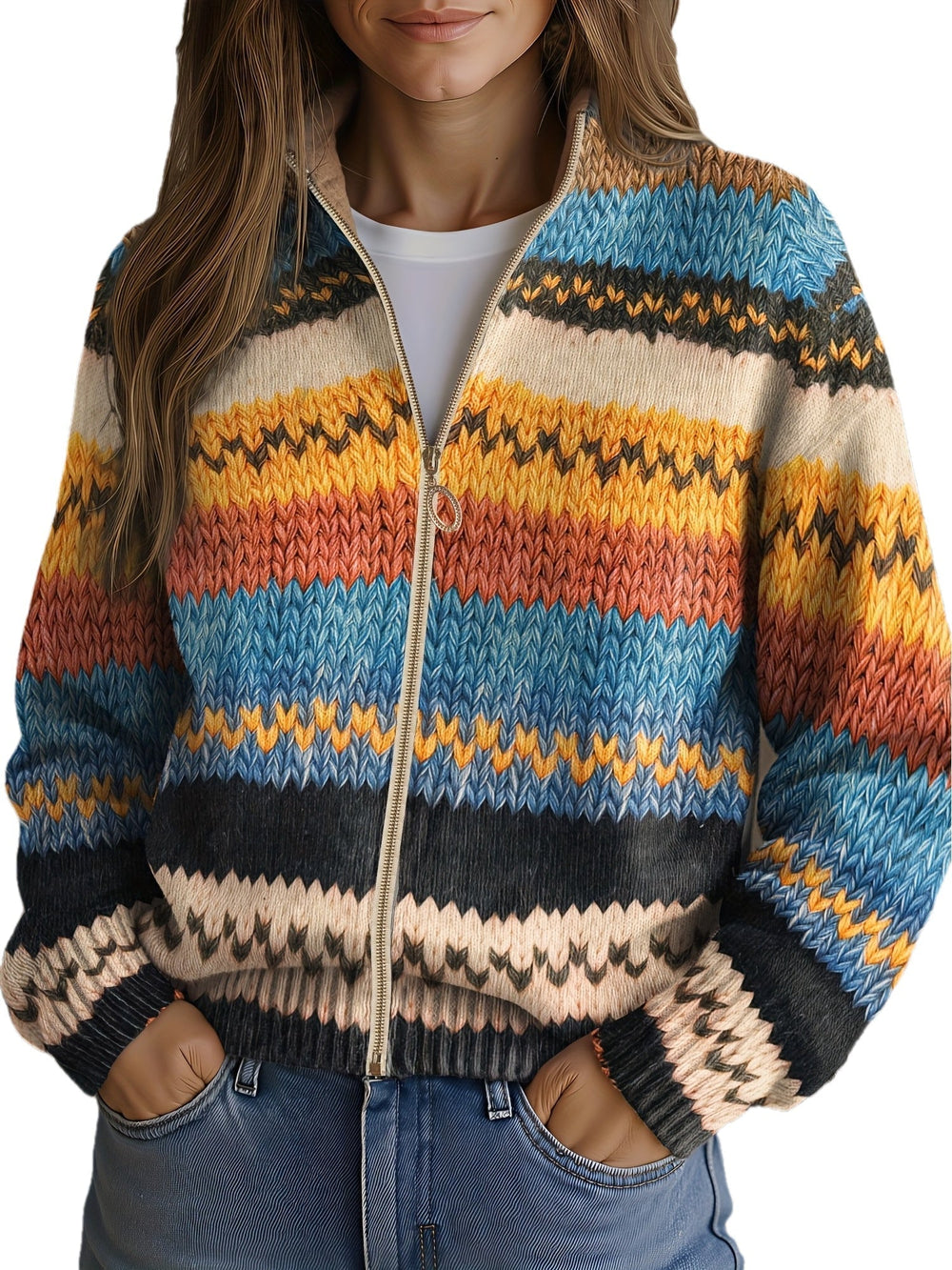 Corwen | Women's Striped Zip-Up Cardigan - Image 2