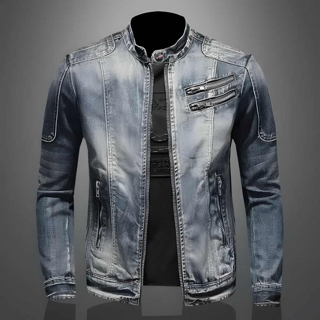 Cravell | Men's Vintage Denim Biker Jacket - Grey - Image 1