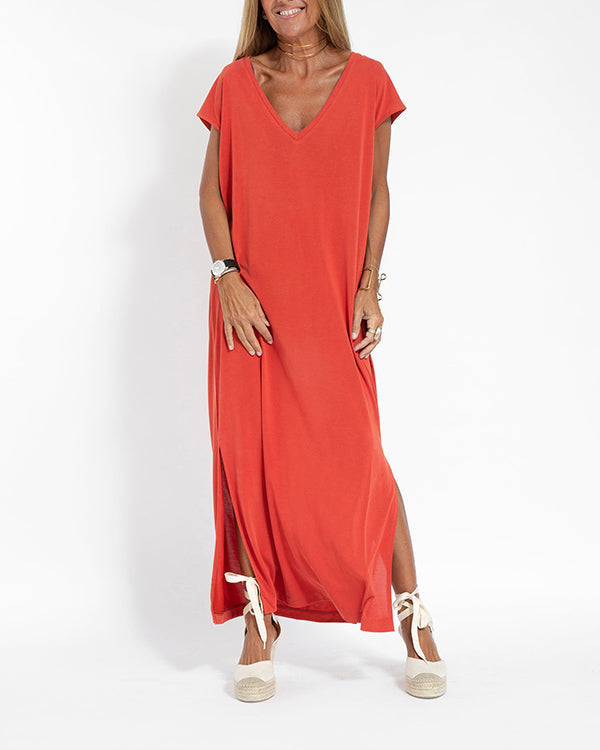 Dahlia | Women's V-Neck Short Sleeve Side Slit Maxi Dress - Image 1