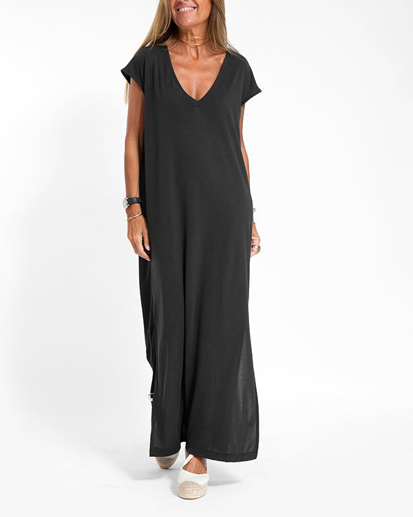 Dahlia | Women's V-Neck Short Sleeve Side Slit Maxi Dress - Image 2