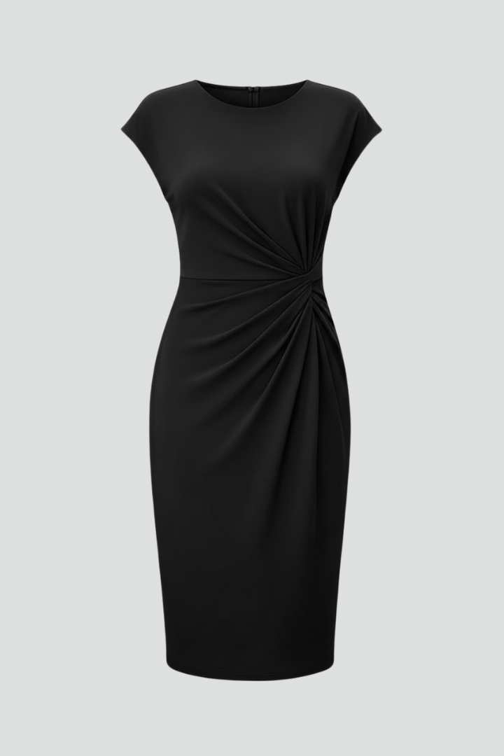 Daphne | Women's Ruched Cap Sleeve Knee Length Dress - Black - Image 1