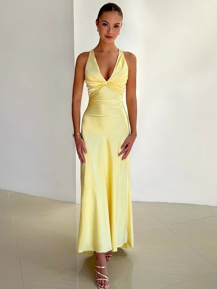 Daphne | Women's V-Neck Halter Maxi Dress - Yellow - Image 1