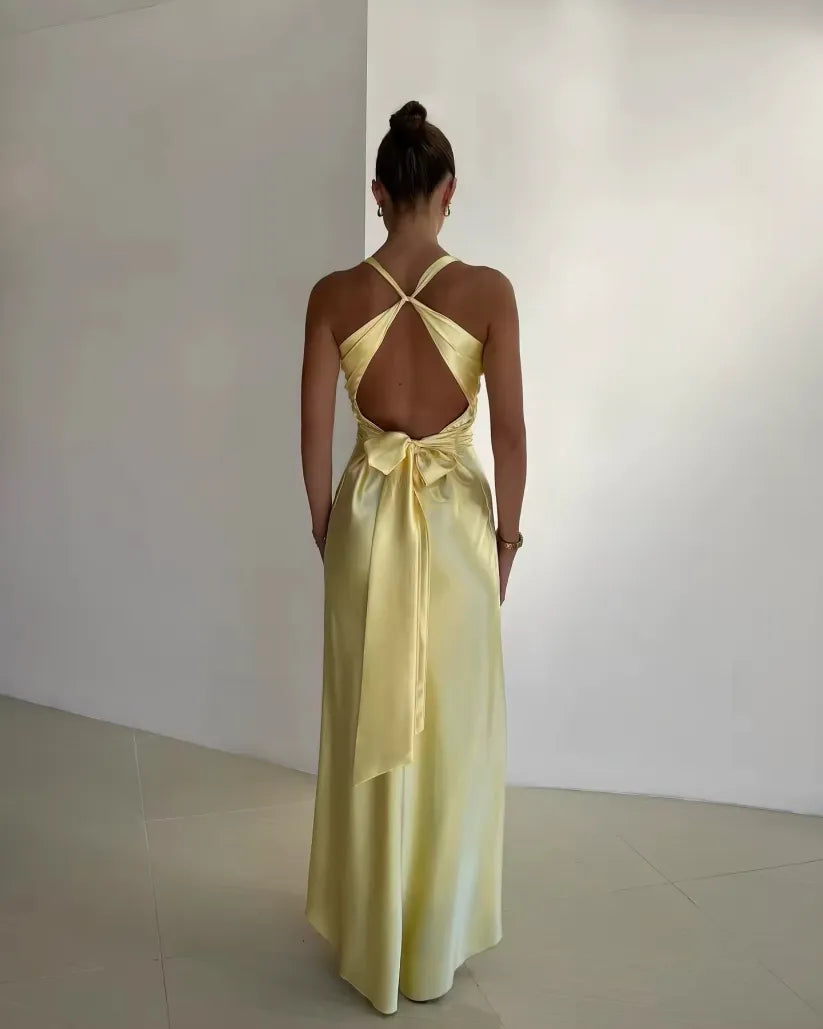 Daphne | Women's V-Neck Halter Maxi Dress - Yellow - Image 2