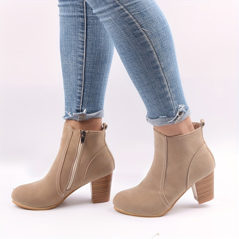 Darcie | Women's Block Heel Ankle Boot with Side Zip - Beige - Image 2