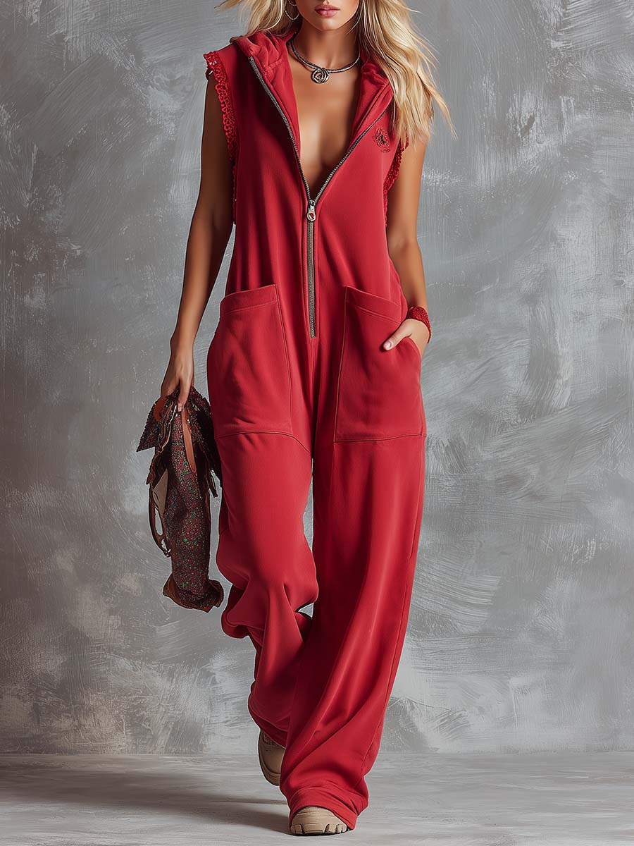 Darcie | Women's Hooded Sleeveless Wide Leg Jumpsuit - Red - Image 1