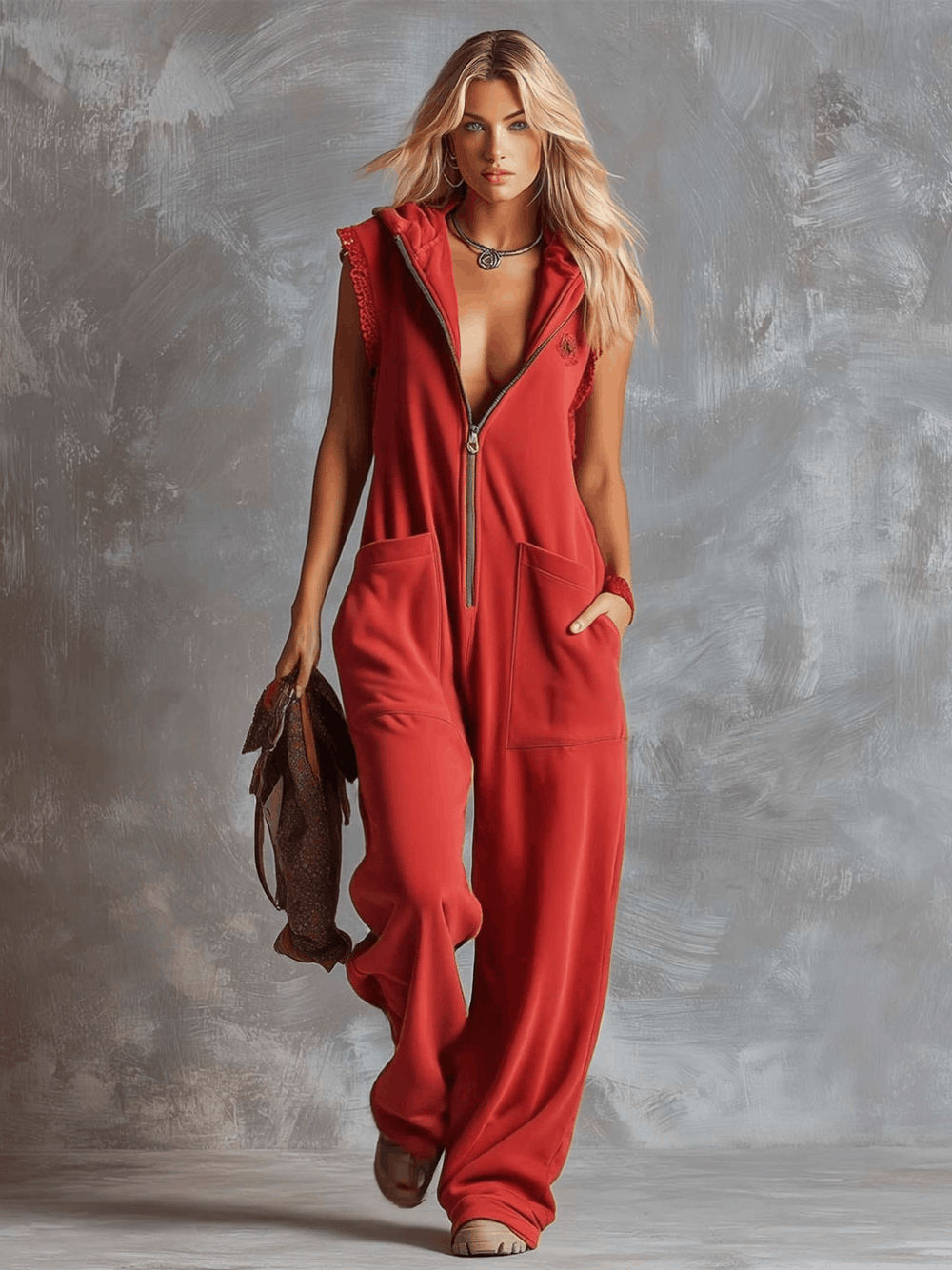 Darcie | Women's Hooded Sleeveless Wide Leg Jumpsuit - Red - Image 2