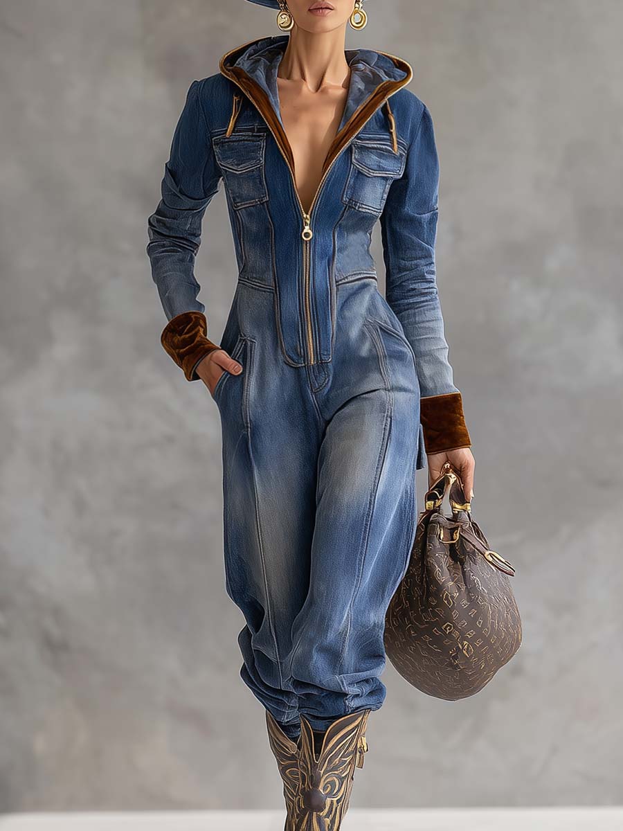 Darcy | Women's Hooded Long Sleeve Zip-Up Jean Jumpsuit - Blue - Image 1