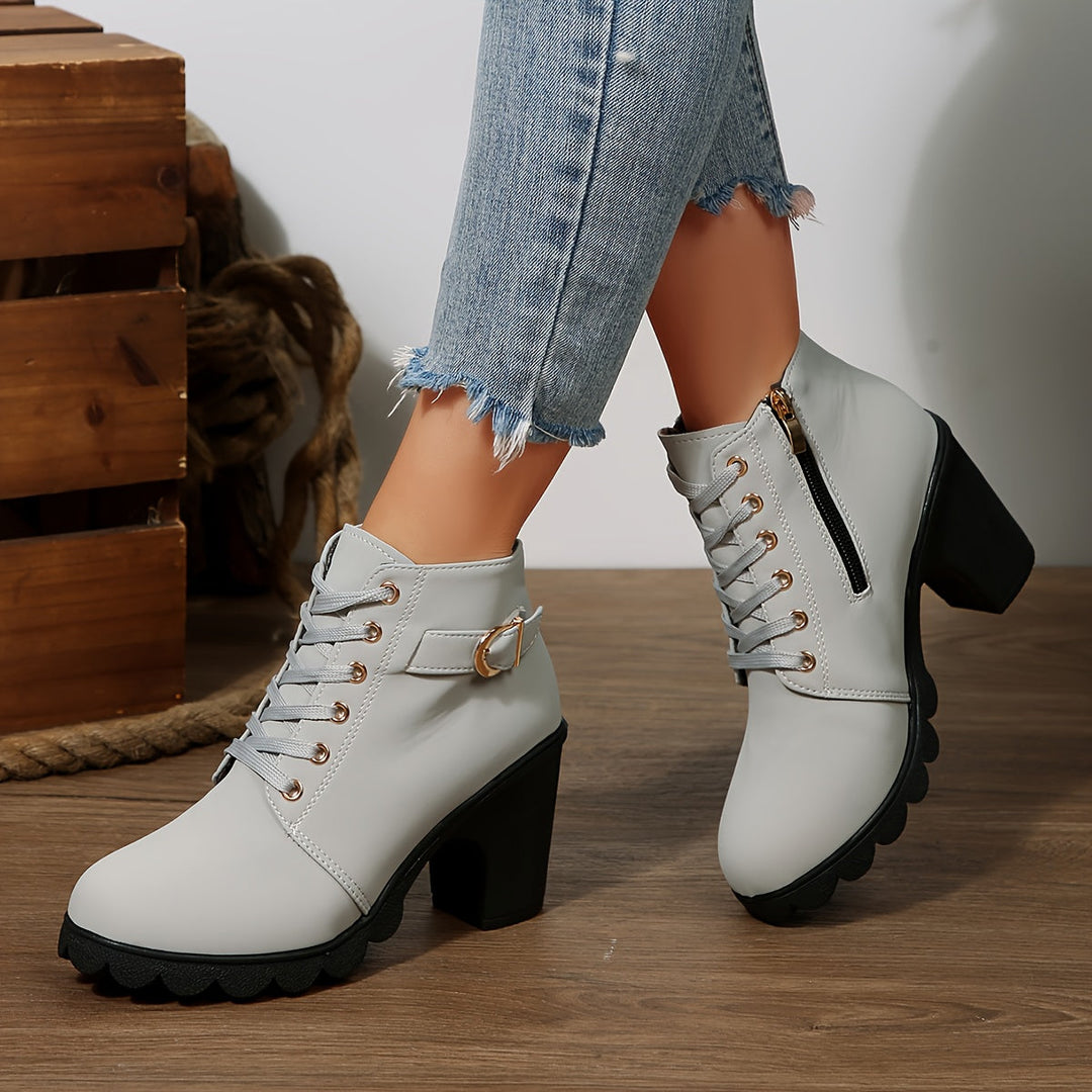 Daria | Women's Lace-Up Block Heel Ankle Boot - Light Grey - Image 1