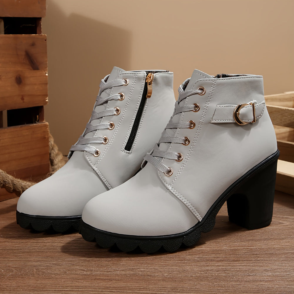 Daria | Women's Lace-Up Block Heel Ankle Boot - Light Grey - Image 2