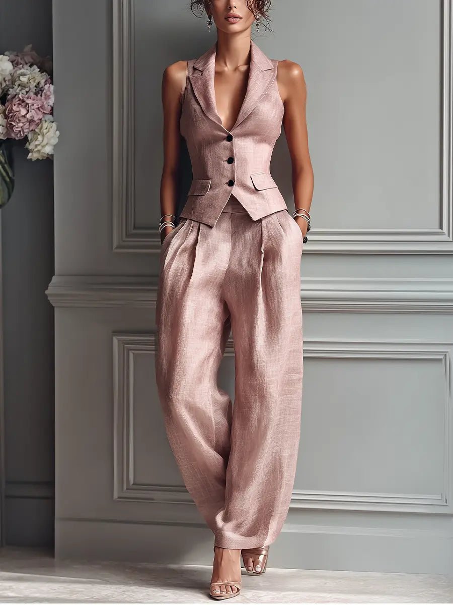 Dariela | Women's Sleeveless Vest Wide Leg Pants Set - Light Pink - Image 1