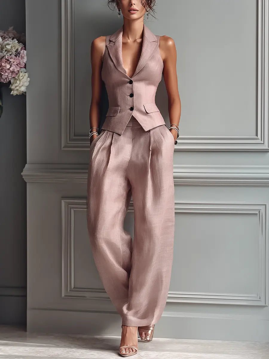 Dariela | Women's Sleeveless Vest Wide Leg Pants Set - Light Pink - Image 2