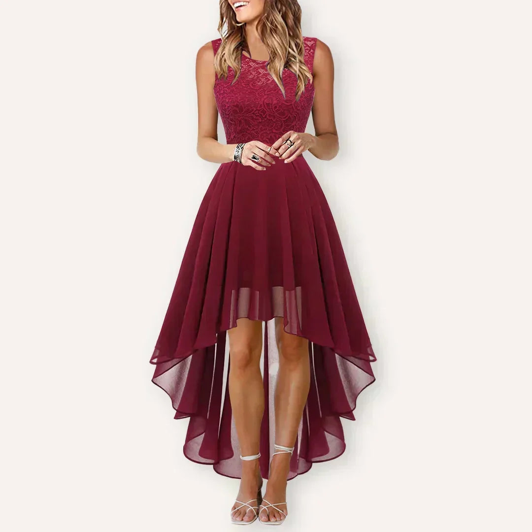 Darienne | Women's Lace Bodice High Low Sleeveless Dress - Burgundy - Image 1