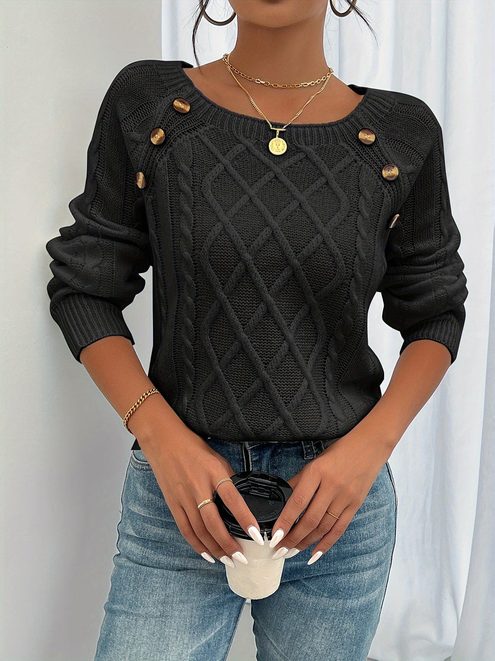 Darveth | Women's Chunky Cable Knit Jumper - Black - Image 2