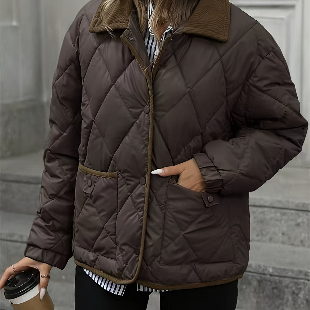 Darvine | Women's Quilted Jacket with Corduroy Collar - Dark Brown - Image 1