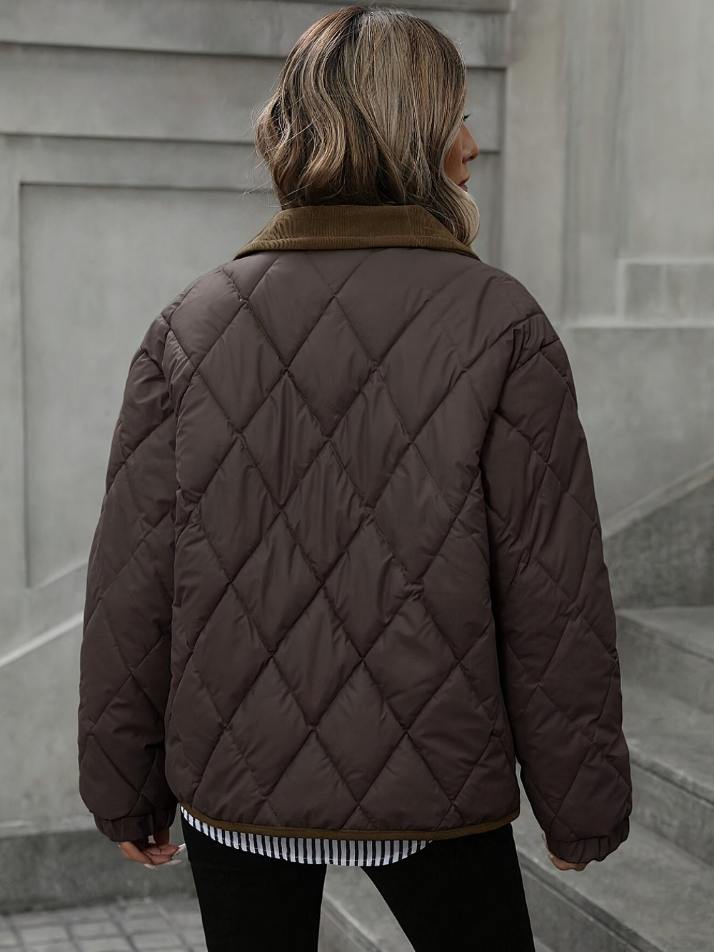 Darvine | Women's Quilted Jacket with Corduroy Collar - Dark Brown - Image 2