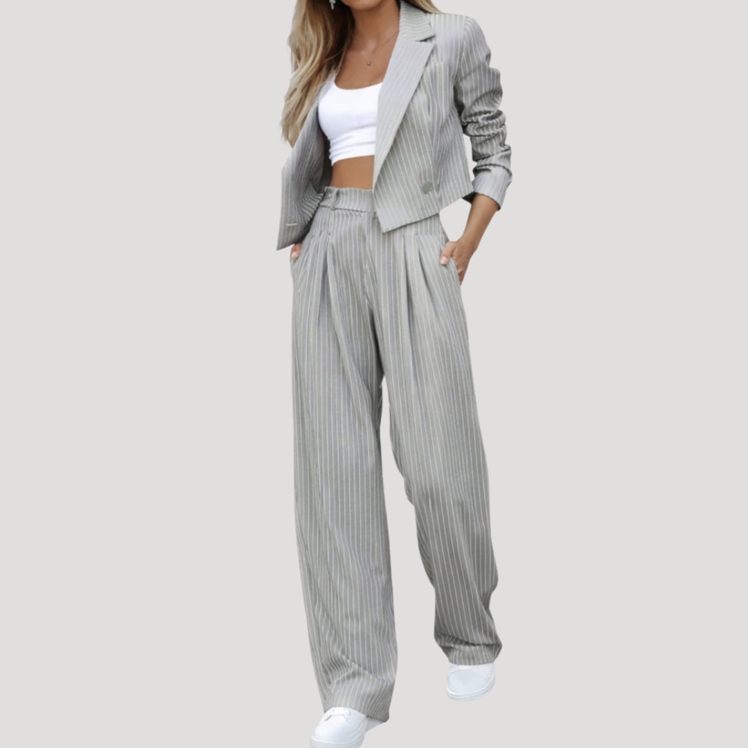 Darya | Women's Pinstripe Blazer Wide Leg Suit Set - Light Grey - Image 1