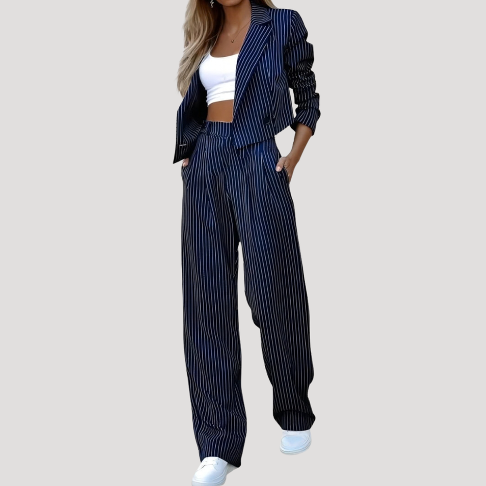 Darya | Women's Pinstripe Blazer Wide Leg Suit Set - Light Grey - Image 2