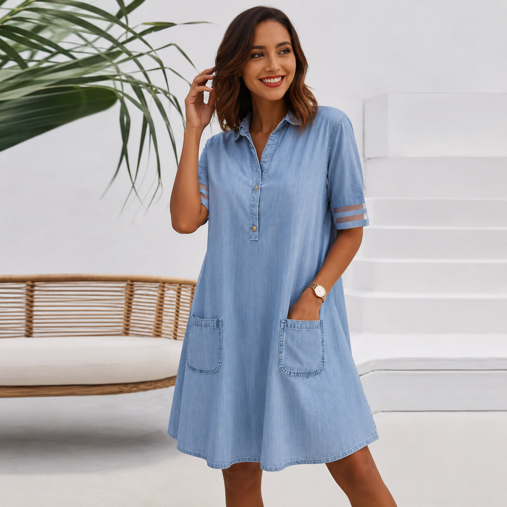 Dawnelle | Women's Denim Shirt Dress with Pockets - Light Blue - Image 2
