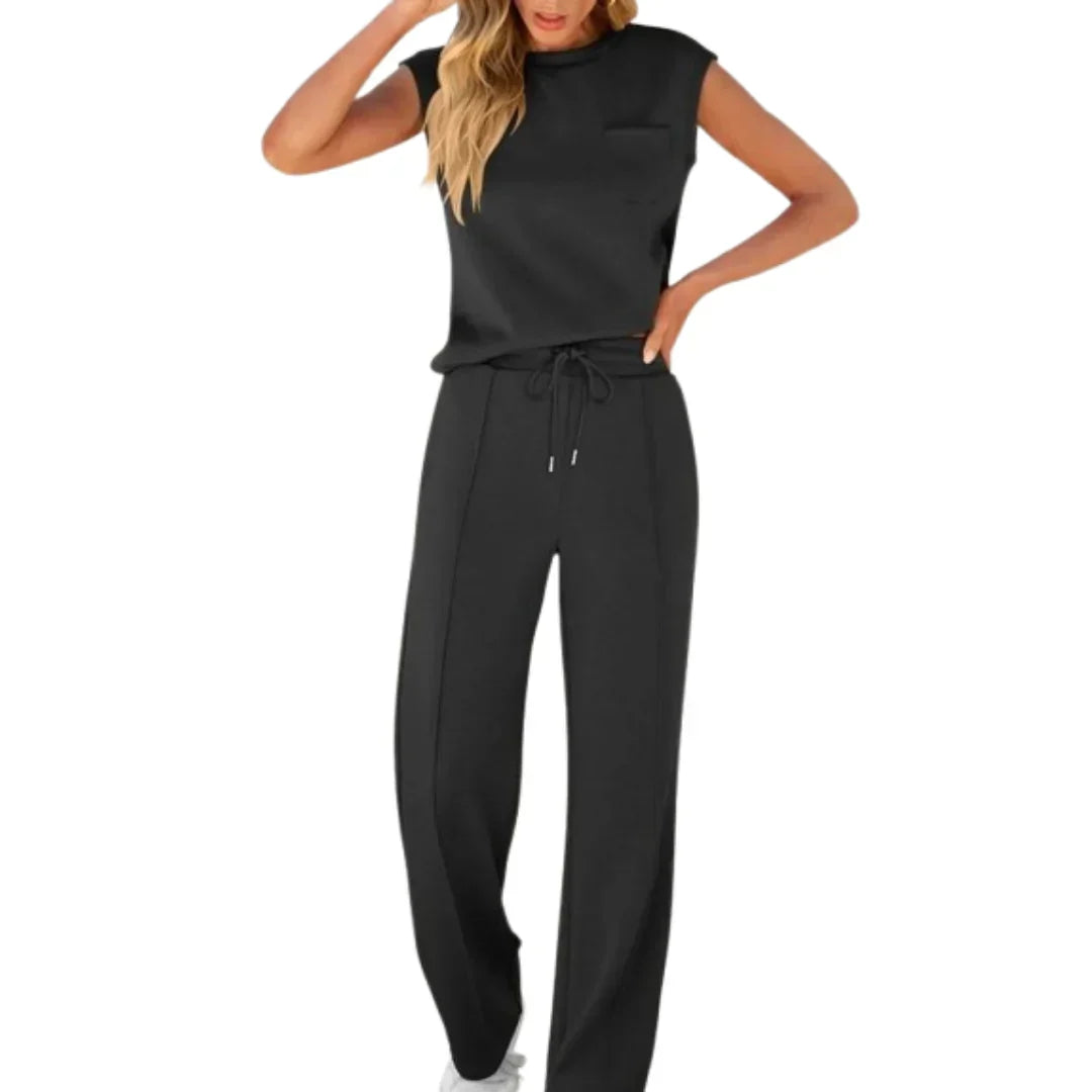 Dawnvell | Women's Knit Lounge Set Wide Leg Trousers - Black - Image 1