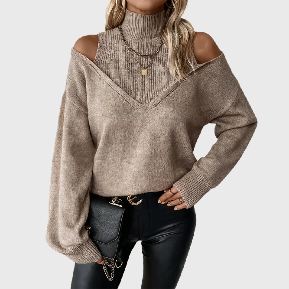 Dawnvelle | Women's Cold Shoulder Turtleneck Ribbed Jumper - Taupe - Image 1