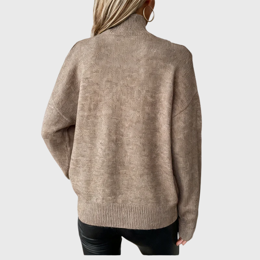 Dawnvelle | Women's Cold Shoulder Turtleneck Ribbed Jumper - Taupe - Image 2
