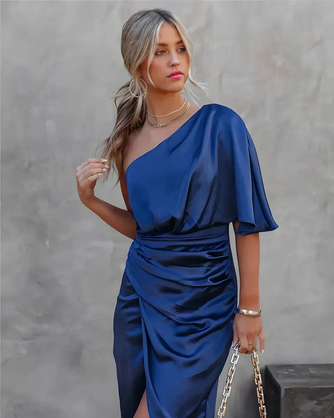 Delara | Women's One Shoulder Ruched Midi Dress - Navy - Image 1
