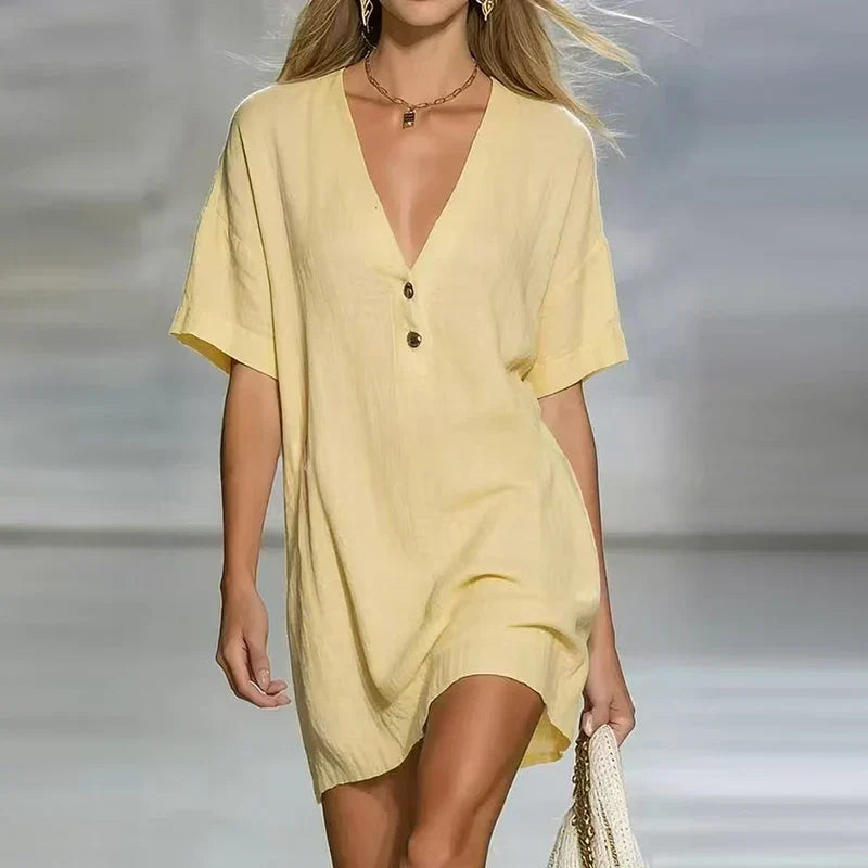 Delara | Women's V-Neck Short Sleeve Relaxed Mini Dress - Yellow - Image 1
