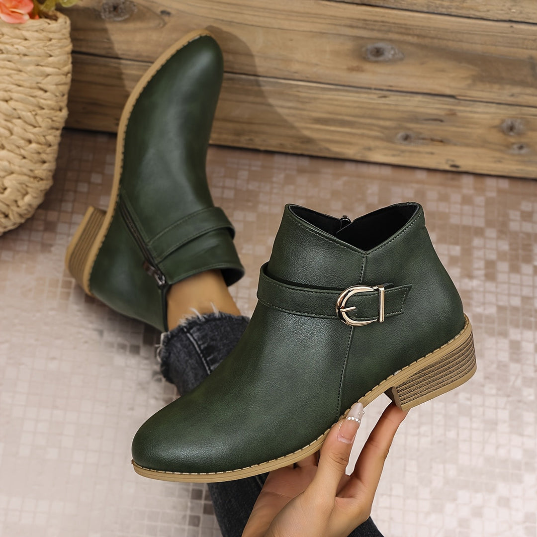 Delia | Women's Chelsea Ankle Boot with Buckle Accent - Dark Green - Image 1