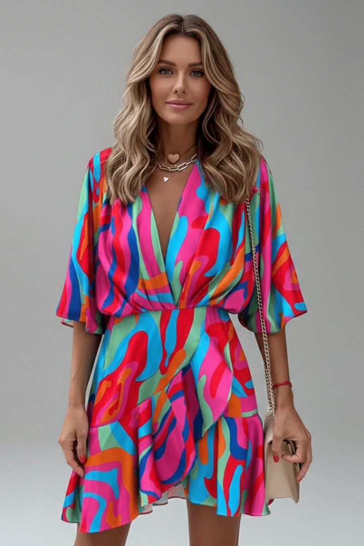 Delphine | Women's Abstract Print Wrap Mini Dress - Image 2