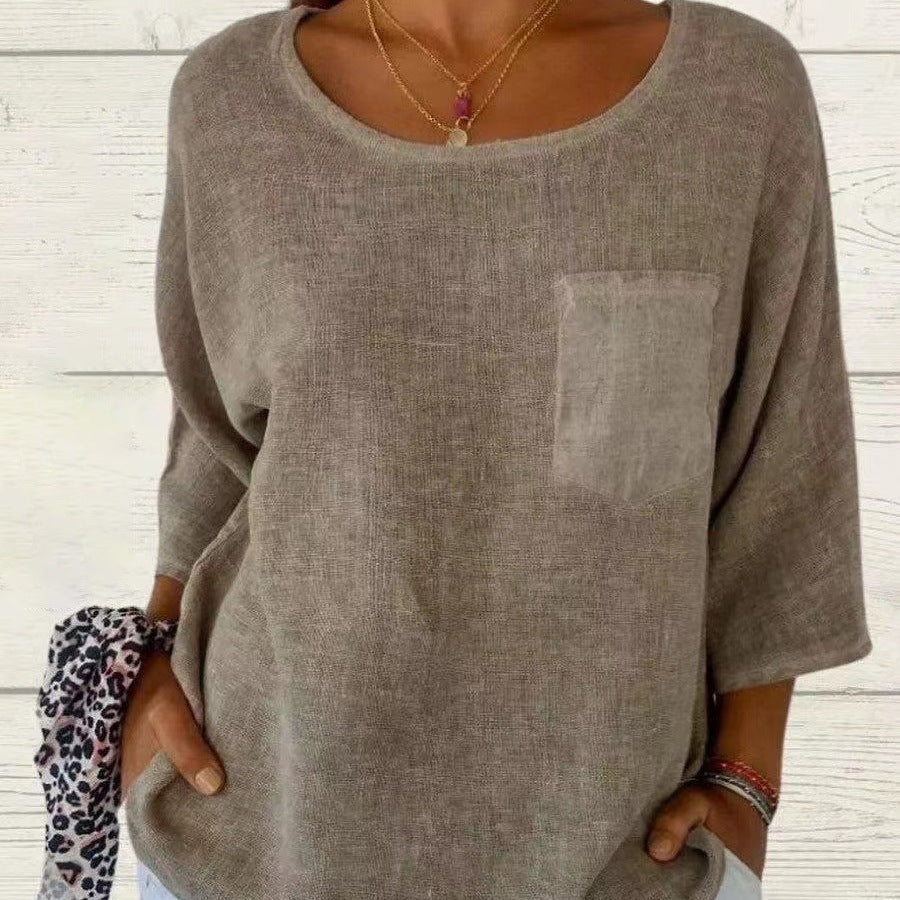 Delphine | Women's Round Neck 3/4 Sleeve Loose Fit Top - Taupe - Image 1
