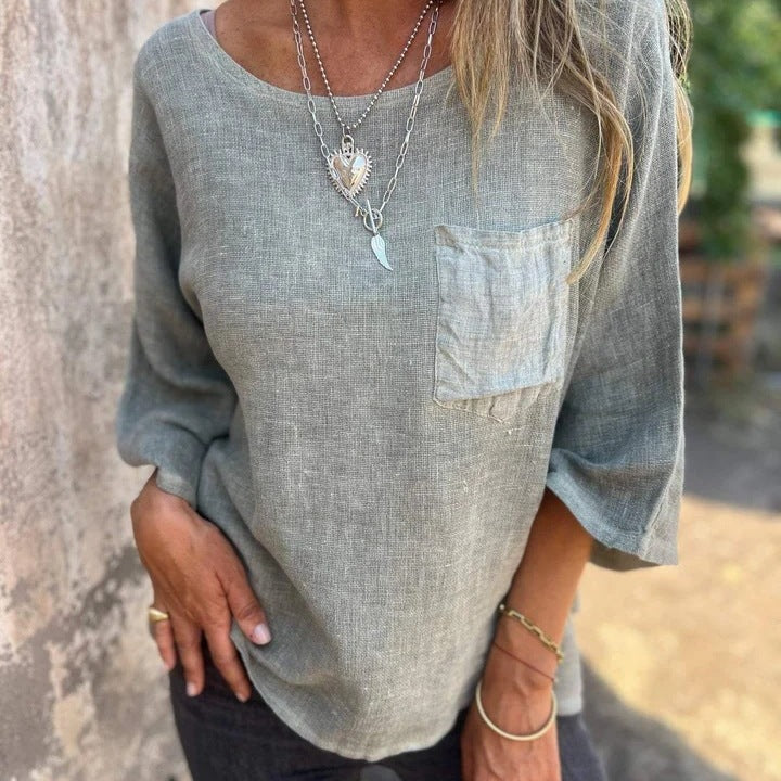 Delphine | Women's Round Neck 3/4 Sleeve Loose Fit Top - Taupe - Image 2
