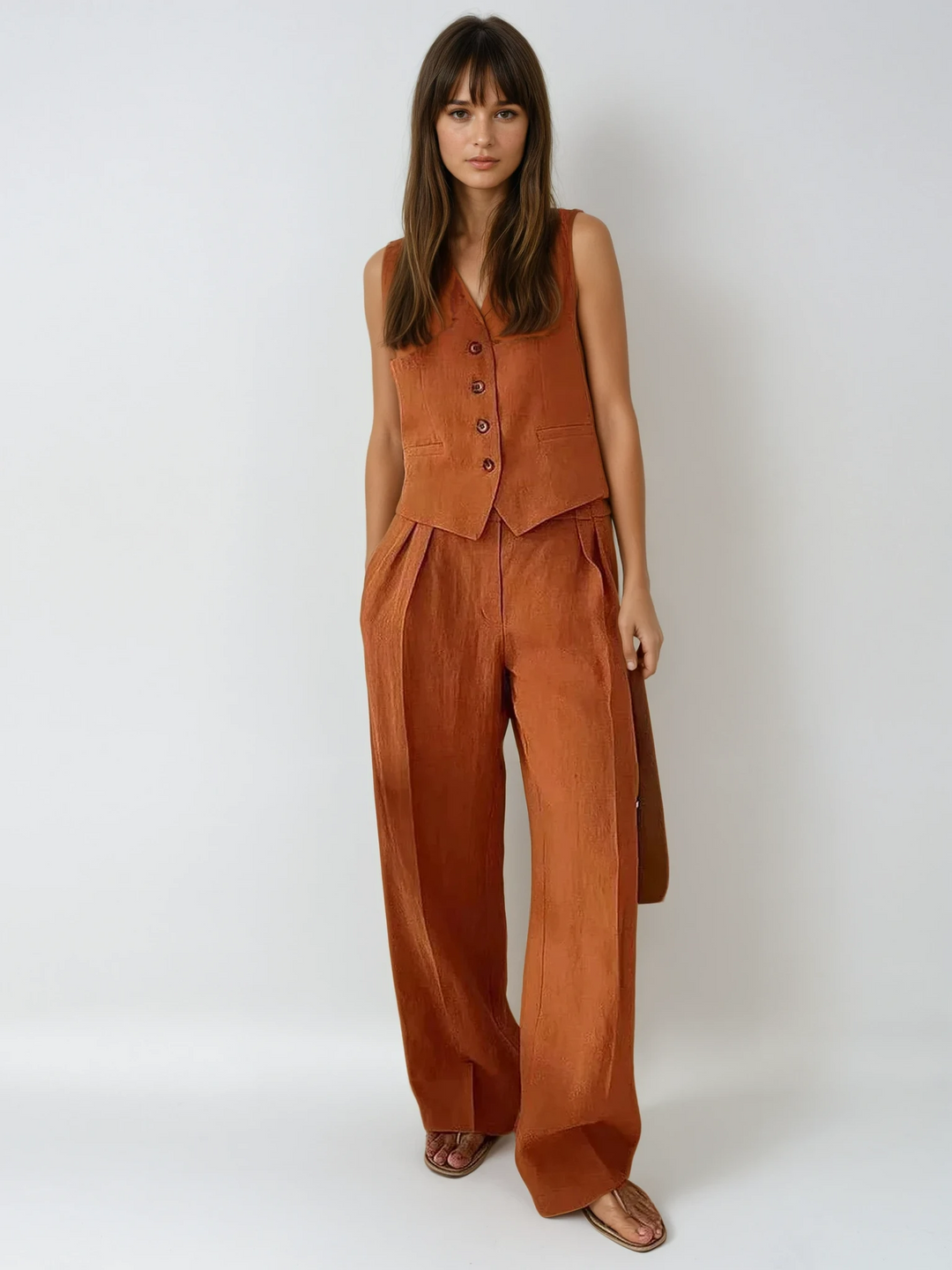Delphine | Women's Sleeveless Vest Wide Leg Pants Set - Orange - Image 1
