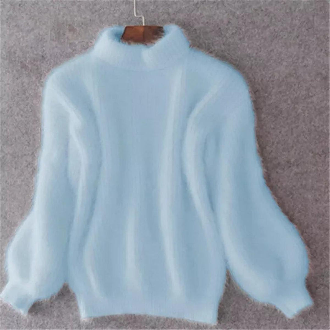 Delvaine | Women's Fluffy Turtleneck Ribbed Jumper - Baby Blue - Image 1