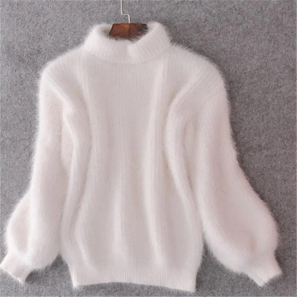 Delvaine | Women's Fluffy Turtleneck Ribbed Jumper - Baby Blue - Image 2