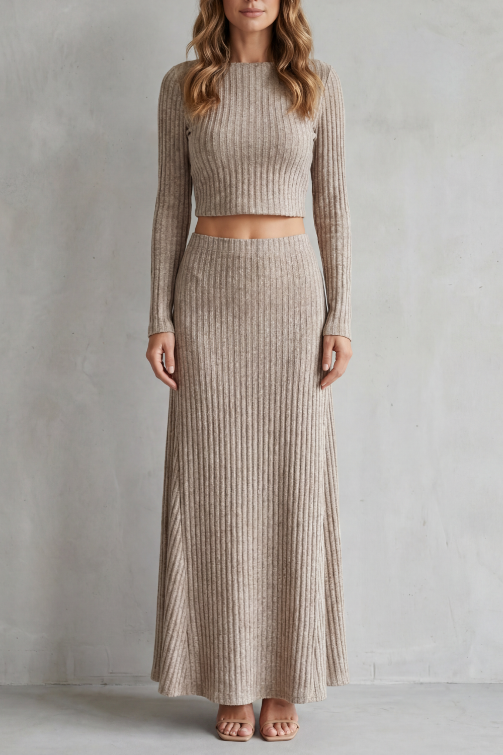 Delvaine | Women's Ribbed Knit Jumper Co-ord Set - Taupe - Image 1