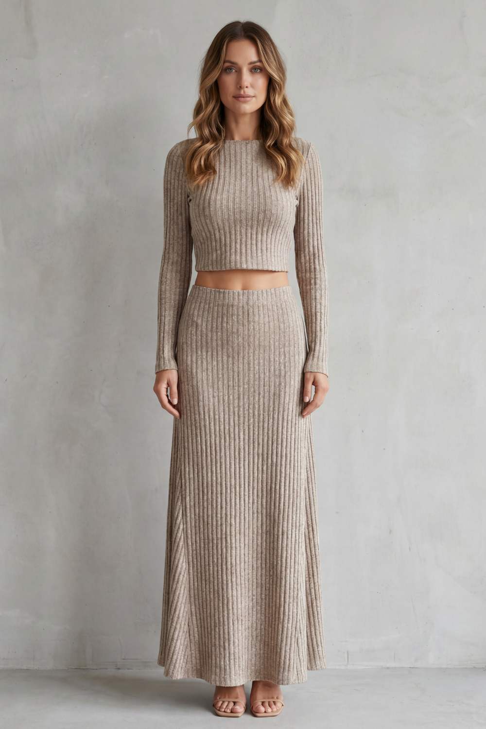 Delvaine | Women's Ribbed Knit Jumper Co-ord Set - Taupe - Image 2