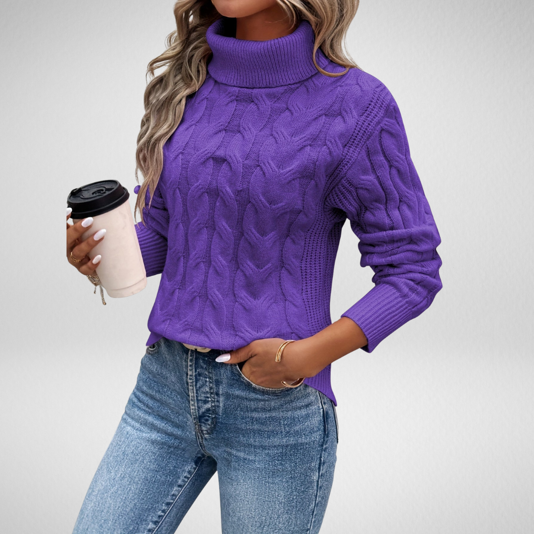 Delvara | Women's Chunky Cable Knit Turtleneck Jumper - Purple - Image 1